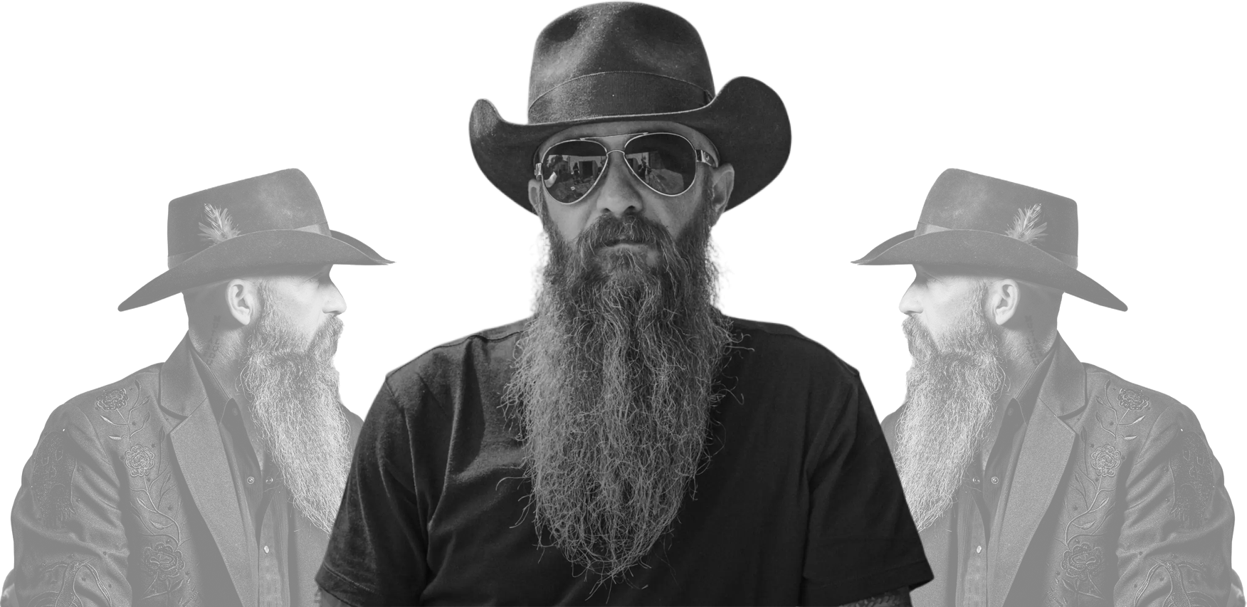 Black and white photo of Cody Jinks with ghosted images of Cody Jinks in the background